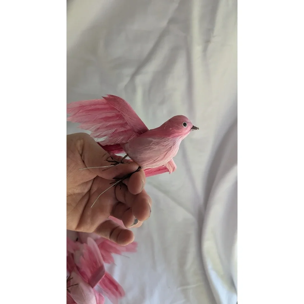Vintage Montgomery Ward Pink Feather Bird Ornaments in Cookie Tin